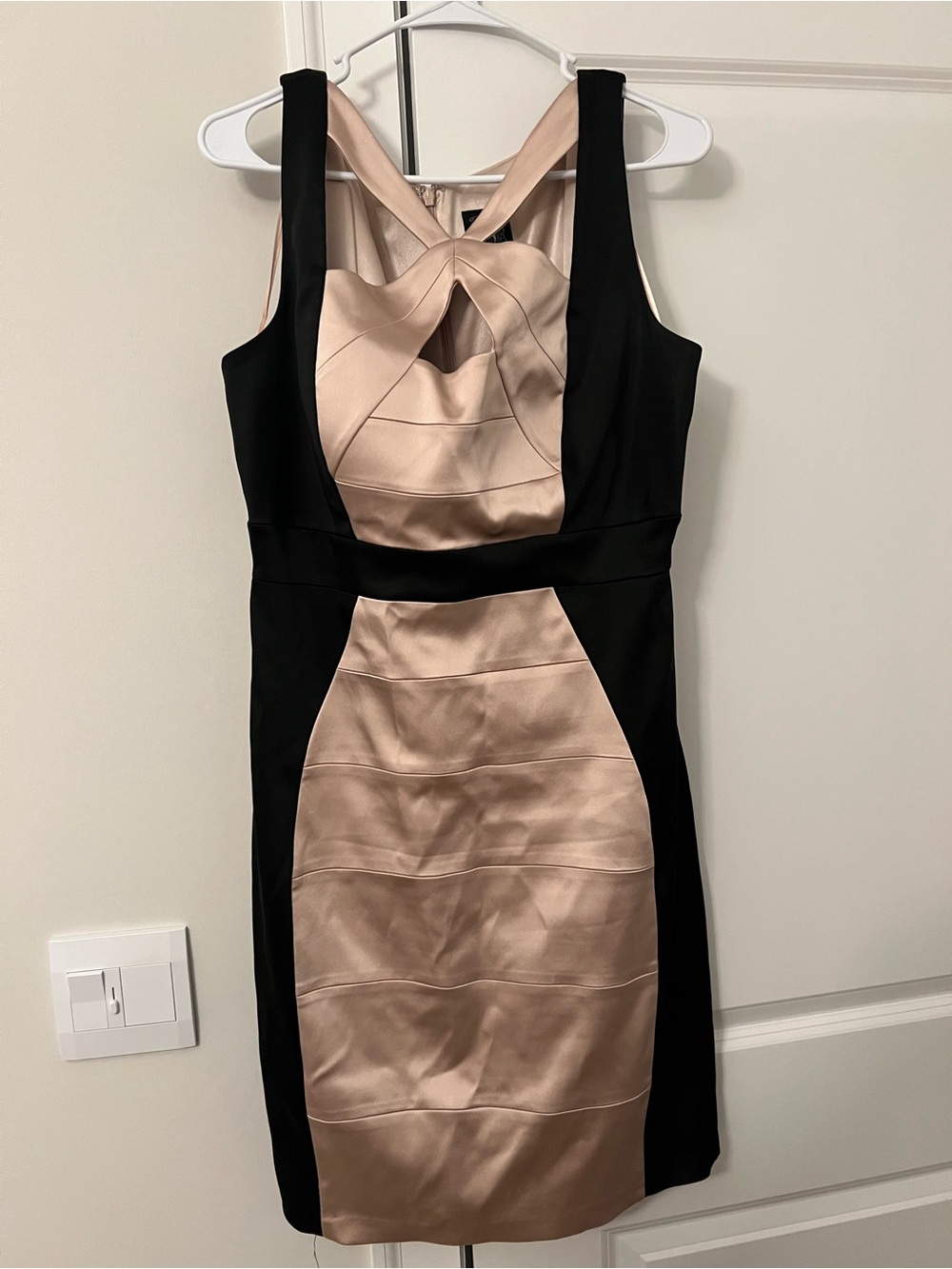 JAX Black and Champagne Satin Sheath Dress